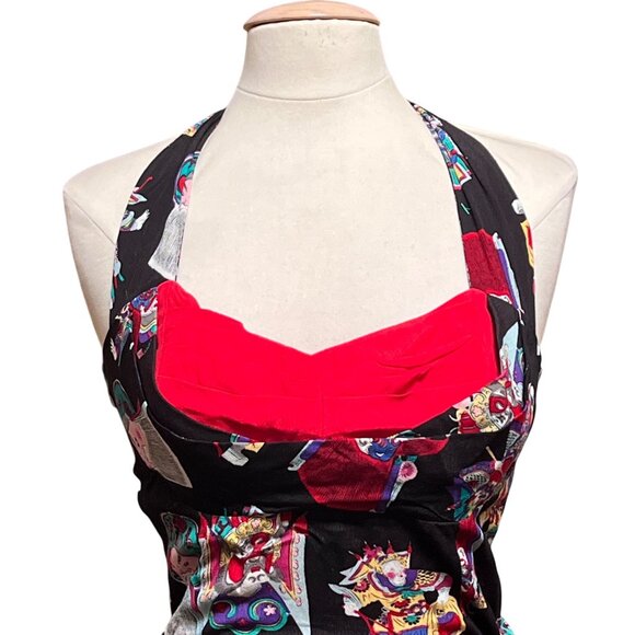 Trashy Diva Halter Faux Wrap Dress Black Multicolor 10 Asian Pin Up Rockabilly - Picture 2 of 10